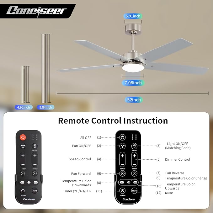 52 Inch Ceiling Fans with Lights and Remote for Bedroom Living Room Kitchen Home Office Indoor/Outdoor, 18W 3CCT Dimmable, Dual Color 5 Blades 6 Speed Reversible Quiet DC Motor, Sand-nickel/Wood Grain