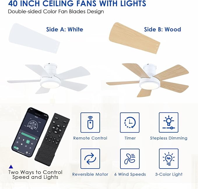 Hounberi 40 Inch Flush Mount Ceiling Fan with Lights and Remote, Modern Quiet DC Motor Low Profile Ceiling Fan for Low Ceilings, 5 Reversible Blades, 6 Speeds Dimmable, Indoor Outdoor Bedroom, White