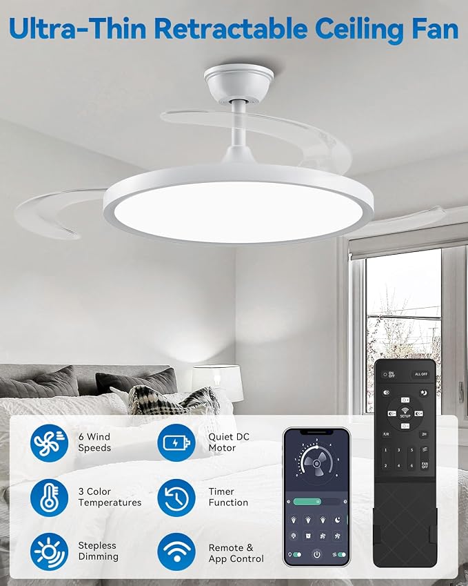【Larger】48" Retractable Ceiling Fans with Lights, Fandelier Ceiling Fan with Light and Remote, Reversible, 3 CCT, Dimmable, Slim Modern Chandelier for Bedroom, Living Room, Dining Room (White)