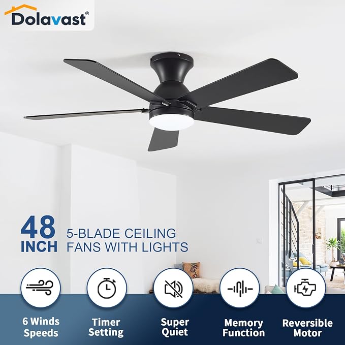 Ceiling Fans with Lights and Remote, 48 Inch Ceiling Fan with Light, Low Profile, Reversible, Dimmable LED, Flush Mount, Quiet, DC Motor, Black Ceiling Fan for Bedroom, Kitchen, Dining Room