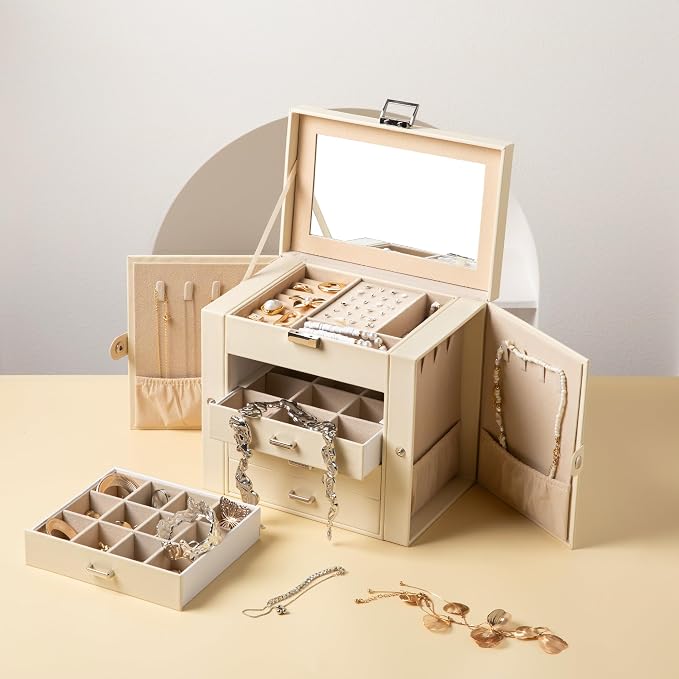 Frebeauty 5-Layer Jewelry Box for Women,Jewelry Organizer with 4 Drawers | Faux Leather,Built-in Mirror,Spacious Jewelry Storage,16 Necklace Hooks,Organizing by Category for Rings Earrings Bracelet