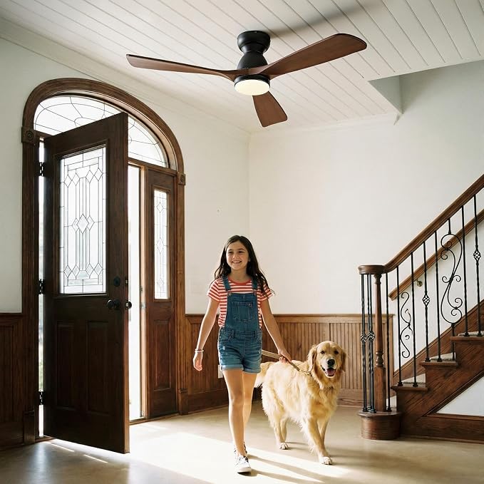 52in Smart Flush Mount Ceiling Fans with Lights,Outdoor Low Profile Wood Ceiling Fan Quiet DC Motor,Work with Alexa/Gg Voice Control/App/Remote,Dimmable,6-speed,3 Wood blades Fan for Patio,Dark Walnut