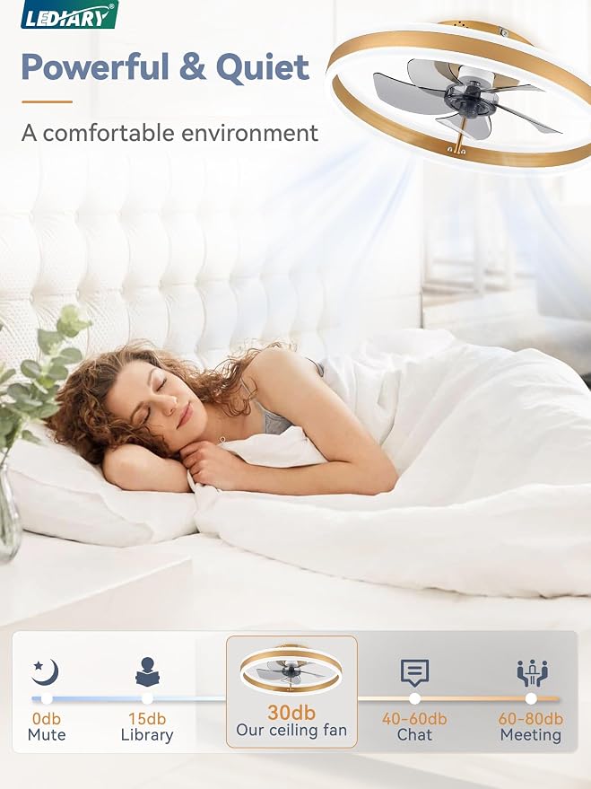 LEDIARY Low Profile Ceiling Fans with Lights, Flush Mount Modern Ceiling Fan and Remote Control, 19.7" LED Ceiling Fans, Stepless Dimmable 3 Colors and 6 Speeds - Gold