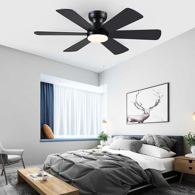 BayDay 46 inch Ceiling Fans with Lights, Black Ceiling Fan with Remote APP, Dual-Sided Modern/Rustic 6 Blades, Reversible, 3CCT, Flush Mount Low Profile Ceiling Fan with Lights Bedroom Kitchen Indoor