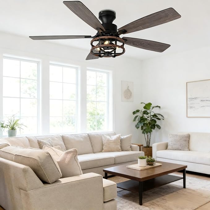 52" Flush Mount Farmhouse Ceiling Fan with Lights and Remote | Rustic Caged Fandelier Ceiling Fan, 5 Dual Blades Chandelier for Bedroom Living Room Dining Room, 3 E12 Bulbs (Not Included)