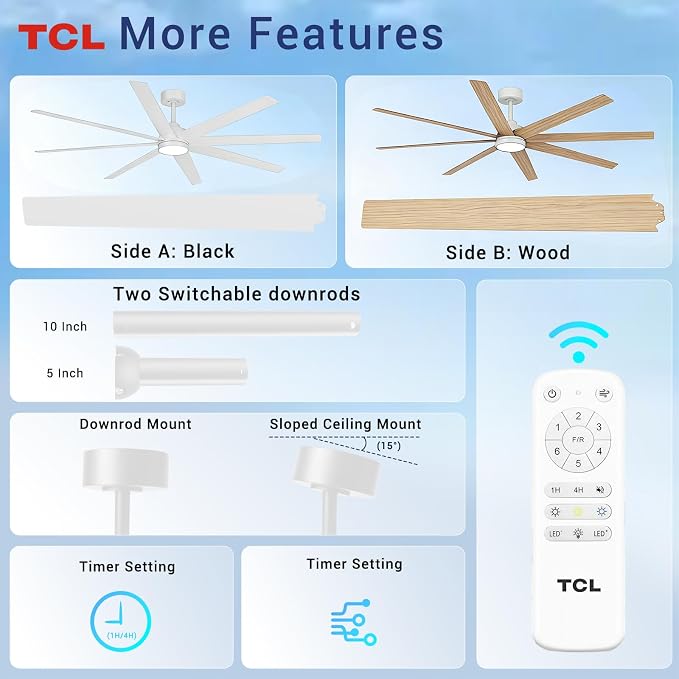 TCL 72 Inch Large Ceiling Fans with Lights and Remote, Quiet Modern Ceiling Fan, 3 CCT Dimmable Remember LED Reversible 8 Dual Side Blades for Living Room Patio Garage (white, 72)