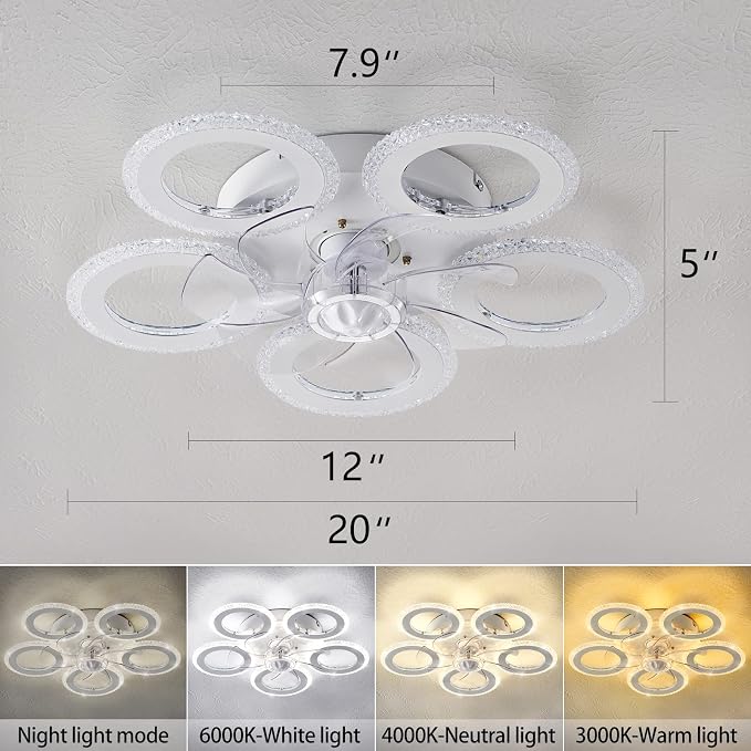 Dalouguan Modern Ceiling Fan with Light, 20" White Personality Geometric 6 Speeds 3 Light Color Low Profile Flush Mount Ceiling Fan for Kitchen Bedroom