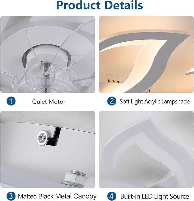 Dalouguan Modern Ceiling Fan with Lights Remote Control, 32" White 6 Speeds 3 Light Color Low Profile Flush Mount Ceiling Fan for Kitchen Bedroom