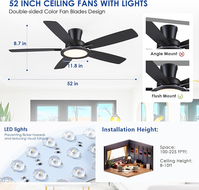 BYKISTOK 52" Flush Mount Ceiling Fan with Lights and Remote - Black Modern Ceiling Fan, Reversible and 5 Dual-Sided Blades, Low Profile Fan Light for Indoor Bedroom, Covered Patios