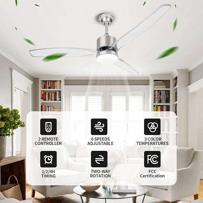 OKELI Clear Ceiling Fan with Light, 52 Inch Brushed Nickel Transparent Ceiling Fans with Light and Remote 3 Reversible Blade LED Ceiling Fan and Light Combo for Living Room, Bedroom, Patio