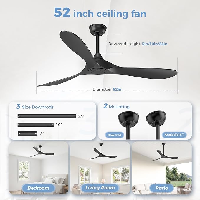 Obabala Black Ceiling Fan No Light, 52" Outdoor Fans for Patios/Porch/Bedroom/Kitchen with Remote, Noiseless, 3 Downrods, 6 Speed, Reversible DC Motor, Modern, 3 Blades, Timer