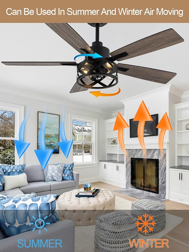52" Farmhouse Ceiling Fan with Lights and Remote, Rustic Ceiling Fan Black Caged Fandelier Large Industrial Chandelier Light for Bedroom Living Room, Reversible DC Motor 6 Speeds