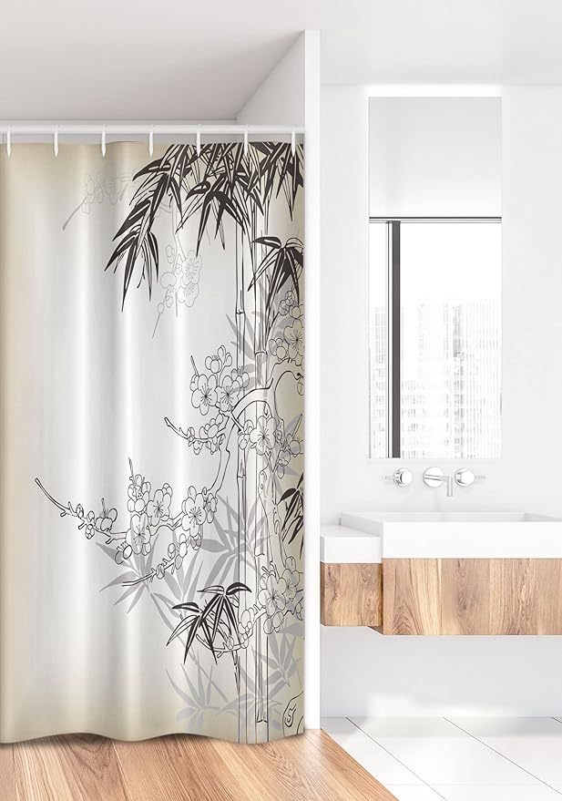 Ambesonne East Stall Shower Curtain, Japanese Art in Traditional Style Blooming Design Sakura Tree Autumn Theme Pattern, Fabric Bathroom Decor Set with Hooks, 36" W x 72" L, White and Tan