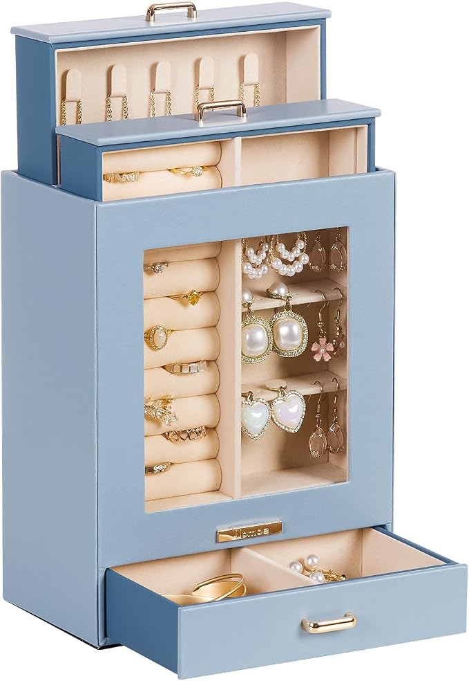 Homde Display Jewelry Box for Girls: Starter Organizer with Clear Window | Vertical Drawers for Earrings Rings Necklaces - Compact Footprint Fits Small Vanities - Birthday&Graduation Gift for Teens