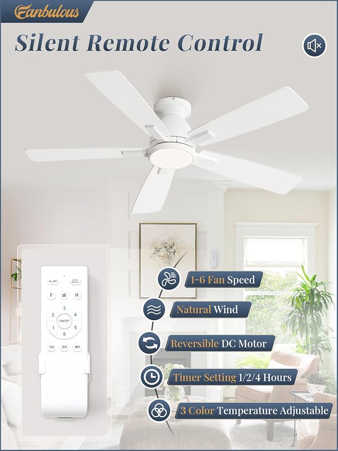 Fanbulous 46 inch Ceiling Fans with Lights, Flush Mount Ceiling Fan and Remote, Modern Low Profile, 3CCT 20W LED Light with 6-Speeds Quiet Reversible Motor, for Bedroom, Living Room, Apartment, White