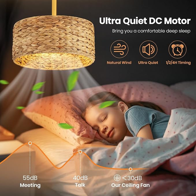 Boho Fandelier Ceiling Fans with Lights,Rattan Chandelier Fan Gold Caged Ceiling Fan with Light Remote Flush Mount Chandelier Ceiling Fan 6 Speeds Fandelier for Bedroom Living Room Kitchen