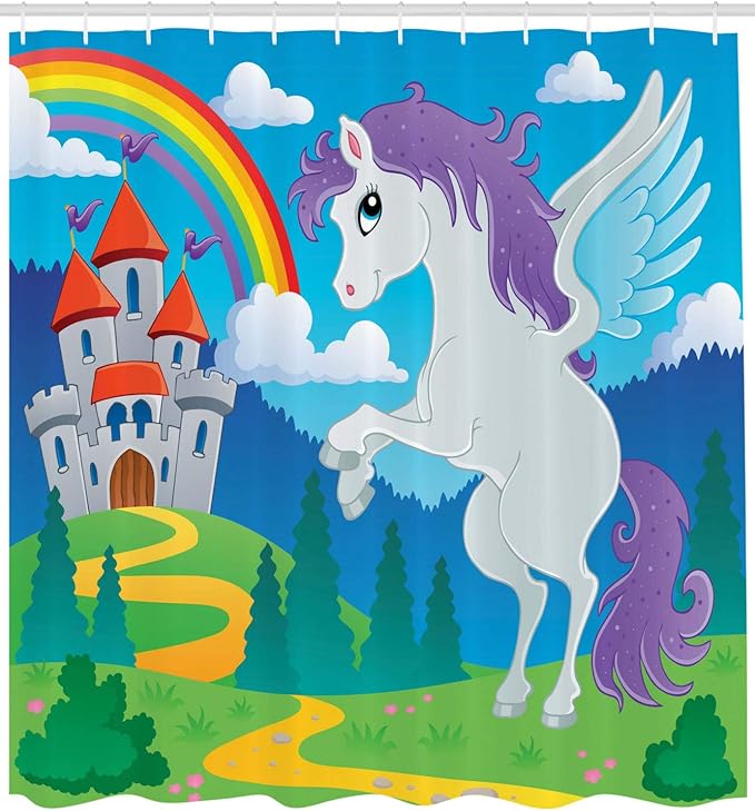 Ambesonne Fantasy Shower Curtain, Surreal Mythical Unicorn Rainbow and Medieval Castle Cartoon Design, Cloth Fabric Bathroom Decor Set with Hooks, 69" W x 75" L, Aqua Green
