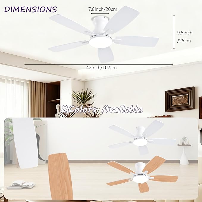 NKPU Ceiling Fans with Lights, Low Profile Ceiling Fan with Light and Remote/APP Control, DC Motor, Noiseless, Flush Mount, 42inch White Ceiling Fan for Bedroom Indoor/Outdoor Use
