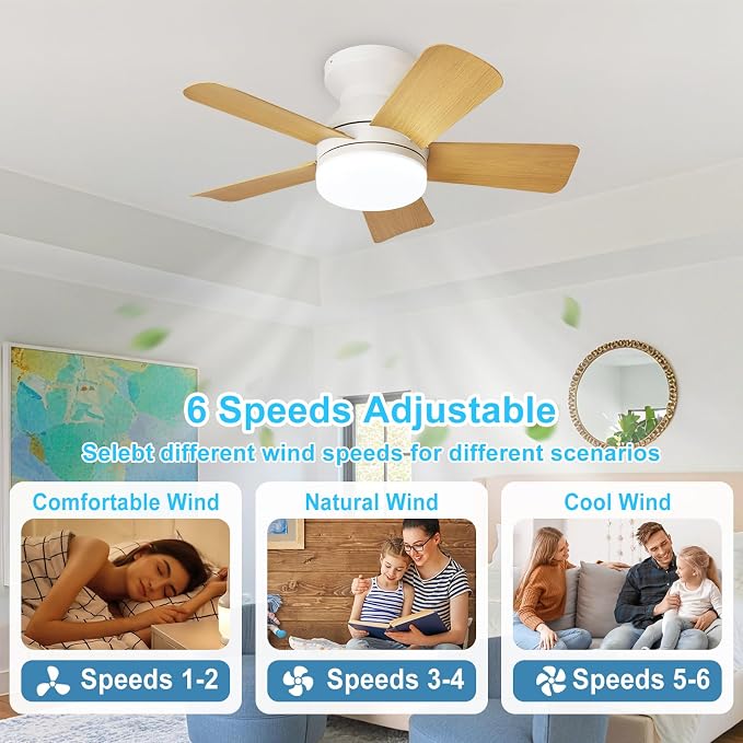 Depuley Modern Ceiling Fan with Light: 25-Inch White Small Fans for Bedroom Indoor Outdoor - Dimmable Low Profile Ceiling Fans with Remote Control Flush Mount 5 Reversible Wood Blades 6 Speeds Timer