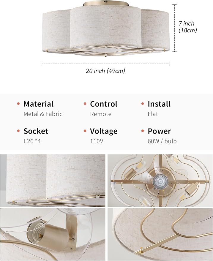Boho Ceiling Fans with Lights, 20" Low Profile Ceiling Fan with Light Remote Control, Bladeless Flush Mount with 6 Speeds for Bedroom, Nursery, Living Room.
