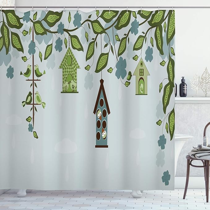 Ambesonne Birds Shower Curtain, Birds Sitting in Cages Hanged on Floral Tree Branches Peace Blooming Nature Print, Cloth Fabric Bathroom Decor Set with Hooks, 69" W x 75" L, Green Navy