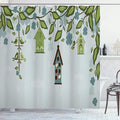 Ambesonne Birds Shower Curtain, Birds Sitting in Cages Hanged on Floral Tree Branches Peace Blooming Nature Print, Cloth Fabric Bathroom Decor Set with Hooks, 69" W x 75" L, Green Navy