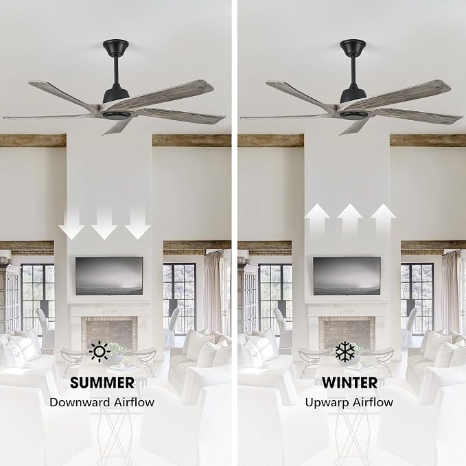 60 Inch Solid Wood Ceiling Fan No Lights, Remote and APP Control, DC Motor, 6-speed Reversible, for Bedroom, Living Room, Office, Outdoor Ceiling Fans, Greywood