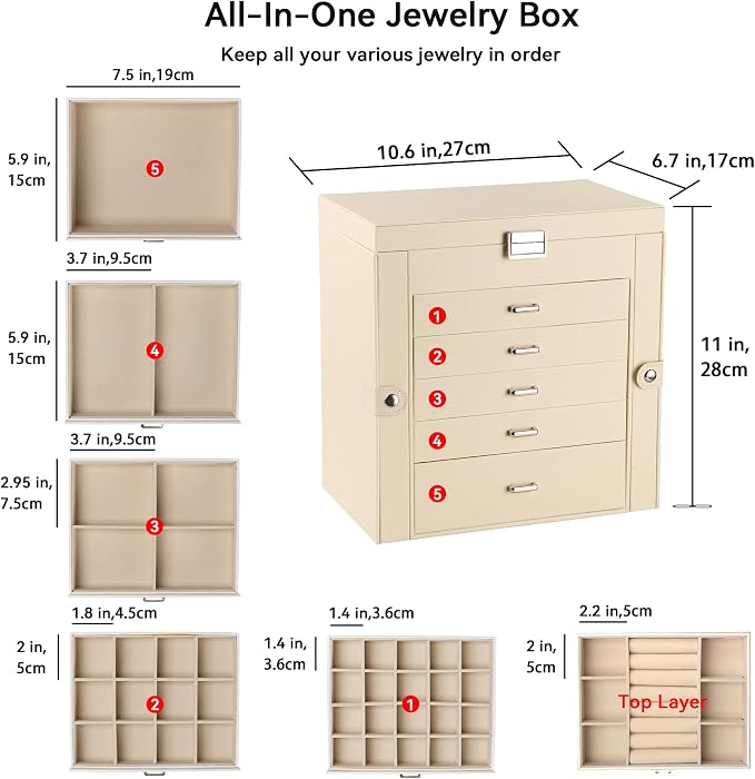 Frebeauty 6-Layer Jewelry Box for Women,Large Jewelry Organizer with Drawer | Faux Leather,Built-in Mirror,Spacious Jewelry Storage,16 Necklace Hooks,Organizing by Category for Rings Earrings Bracelet