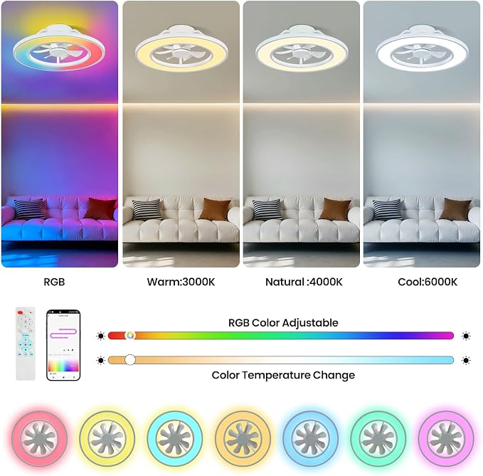 20'' RGB Ceiling Fans with Lights and Remote, Low Profile Ceiling Fans, 3000-6000K Dimmable Modern Flush Mount LED Fan Light, Bladeless Fandelier Ceiling Fan for Bedroom, Living Room, White