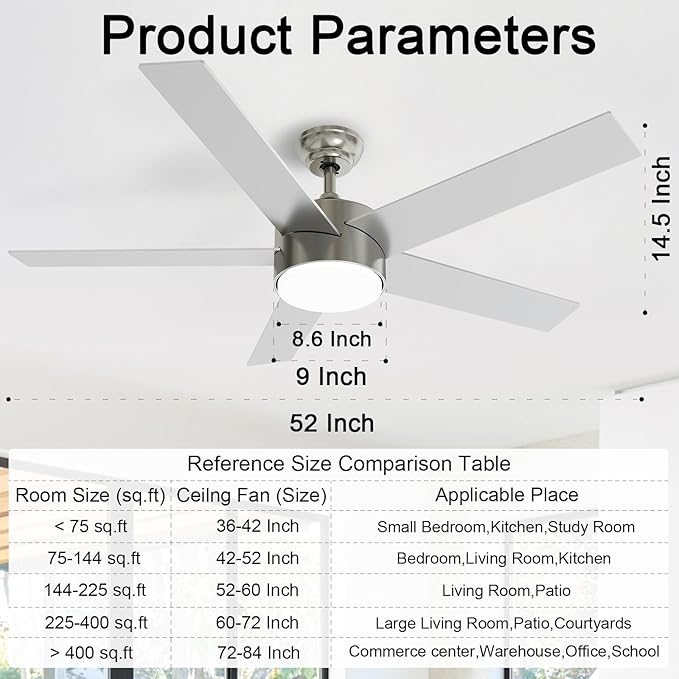 POCHFAN 52 Inch Brushed Nickel Ceiling Fans with Lights,Ceiling Fan with Remote Control,Reversible DC Motor,3 CCT 6-Speed,Noiseless Ceiling Fan for Bedroom,Living Room,Dining Room,ETL Listed