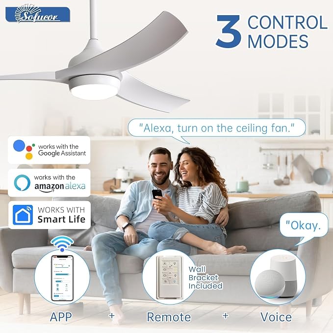 Sofucor 52 Inch Smart Ceiling Fan with Light, White Modern Ceiling Fan | Alexa/Google Assistant/APP/Remote Control，ABS 3 Blades, Reversible DC Motor, Timer, 6 Speeds, for Living Room Bedroom Patio