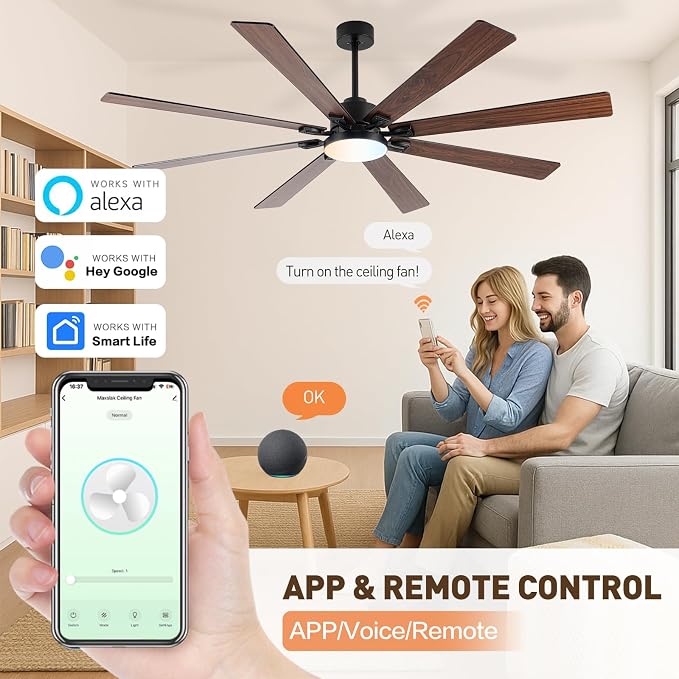 72 Inch Large Smart Ceiling Fan with Light and Alexa/APP(via WiFi),Black Indoor Outdoor Ceiling with Remote for Bedroom Patio,6 Speed,Quiet DC Motor,3CCT,8 Wooden Blades