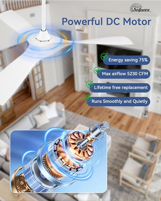 Sofucor 52 Inch Ceiling Fans No Lights, Modern Ceiling Fan with 3 Plastic Blades, 4500CFM 6-Speed 3-Timer Reversible DC Motor, for Bedroom Living Room Patios Office, ETL/FCC
