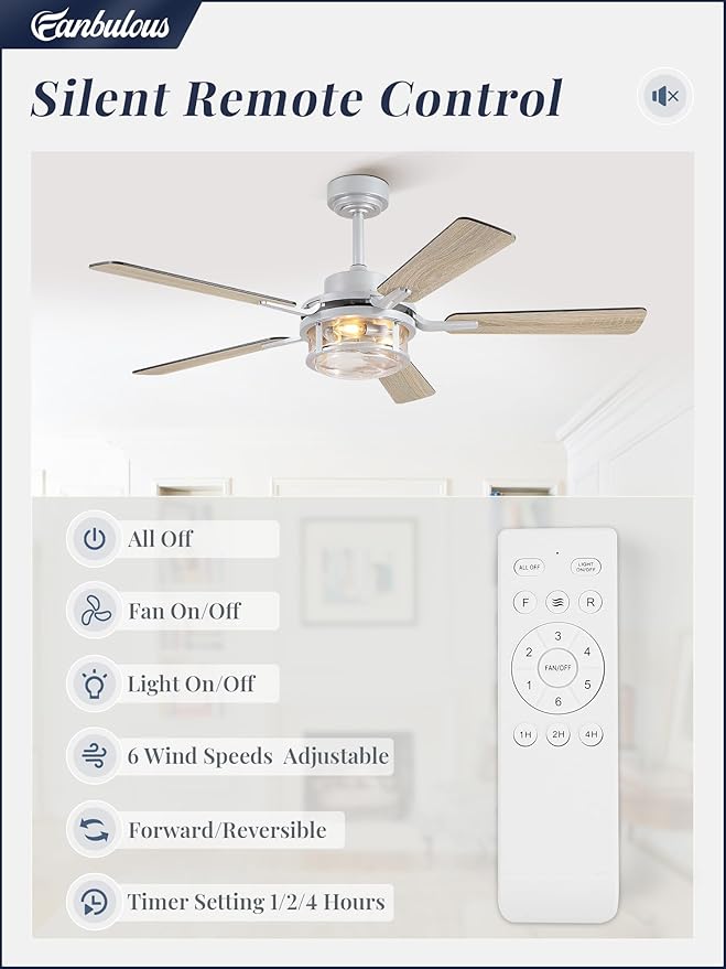 Fanbulous 52 Inch Ceiling Fan with Light and Remote,Downrod Mount Farmhouse Ceiling Fan for Bedroom, Quiet 6-Speed Reversible DC Motor, Rustic White & Wood Finish Blades