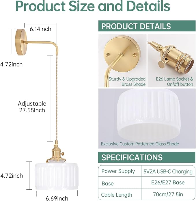 Shenmoyl Battery Operated Wall Sconce with White Striped Shade Pattern Glass Adjustable Chain Retro Gold Wall Mounted Light, Modern Wall Lamp Fixtures Decor for Bedside Bedroom Indoor Doorway