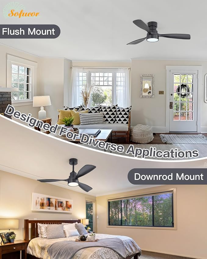 Sofucor 48 Inch Ceiling Fan with Lights and Remote Control, Black | Flush Mount&Downrod Mount, Solid Wood Blade, 1/4/8 H Timer, Quiet DC Motor, Indoor Outdoor Bedroom/Living Room/Patio/Kitchen