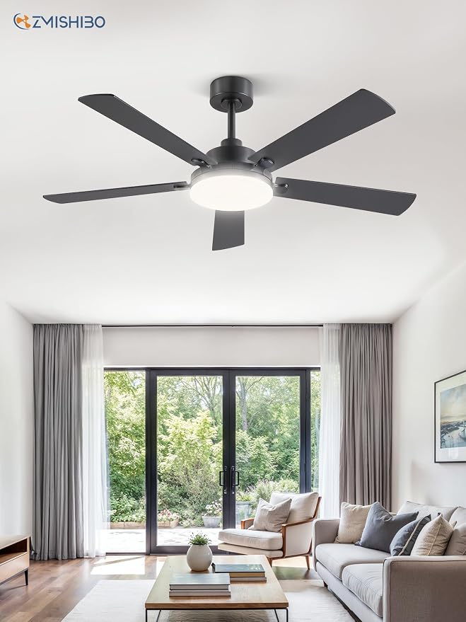 52 Inch Ceiling Fan with Remote, Indoor/Outdoor Black Ceiling Fan with Large LED Panel, Quiet Reversible DC Motor, 6-Speed, 3000-6500K Stepless Dimming, Modern Ceiling Fan for Bedroom, Living Room
