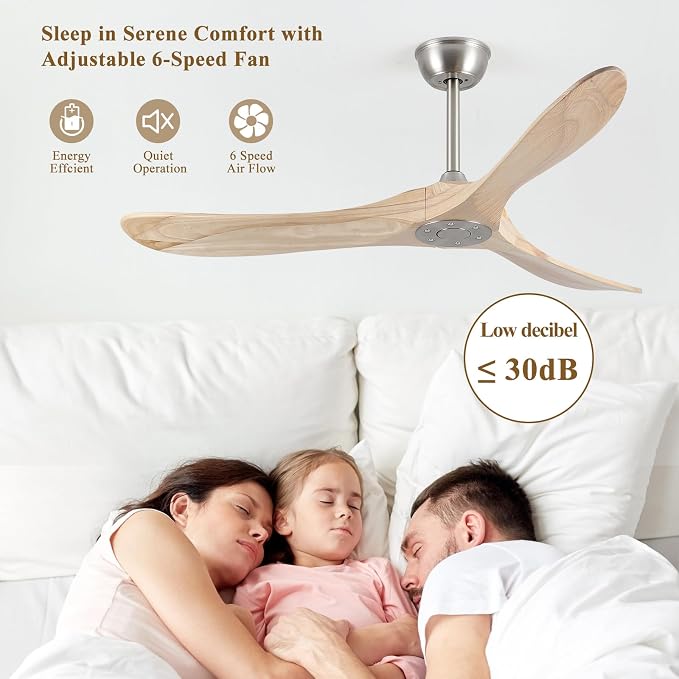 52" Modern Ceiling Fan, No Light, 6-Speed, Reversible, Timed Shutdown, DC Motor, Natural Wood 3 Blade, Porch, Bedroom, Living Room