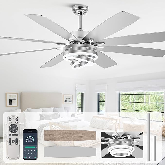Bella Depot 72 Inch Large Ceiling Fan with Light, Modern Chandelier Fan with Remote APP Control, 6-Speed, Dimmable, Reversible, Timing Option - Ideal for Bedroom Living Room, Garage, and Covered Patio