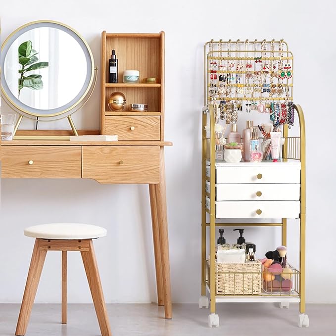 Keebofly Large Floor Jewelry Organizer Stand with 3 Drawers - Gold | Mobile Jewelry Tower Holder with Display, Large Capacity Rack for Necklaces & Rings, Perfect Storage Gift for Women