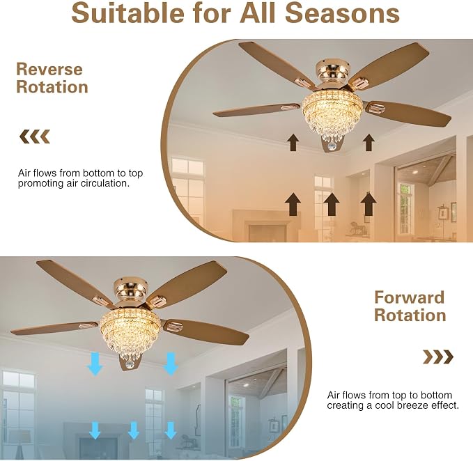 Crystal Ceiling Fan Fandelier with Lights-Ceiling Fans,50" Low Profile and Remote Control, Flush Mount, Reversible, Dimmable, Noiseless, Gold Ceiling Fan for Bedroom