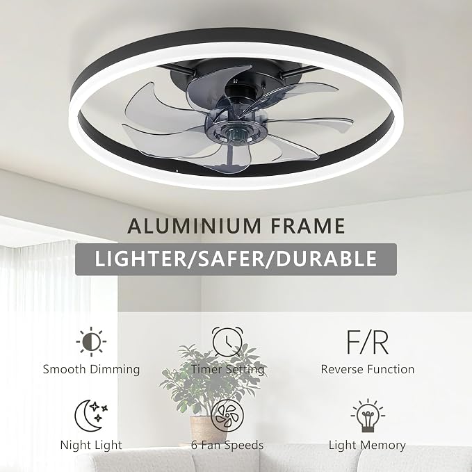 20" Low Profile Ceiling Fans with Lights and Remote & APP, Dimmable 3000-6500K LED Fandelier Ceiling Fan with Light, Modern Flush Mount Ceiling Fan Light for Living Room, Bedroom and Kitchen