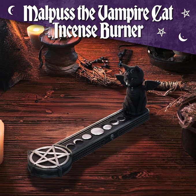 Nemesis Now Malpuss Vampire Cat Incense Burner, Hand-Painted Resin Gothic Decor Featuring Bat Wings and Pentagram Symbol, 24cm