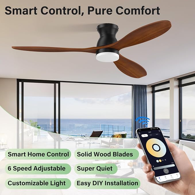 52" Wood Ceiling Fans with Lights Remote,Smart Control via Alexa APP,Quiet DC Motor,Flush Mount Ceiling Fan for Low Profile Living Room,Patio,Indoor Outdoor,Black&Walnut Brown,3 Blade,6 Speed,Dim LED
