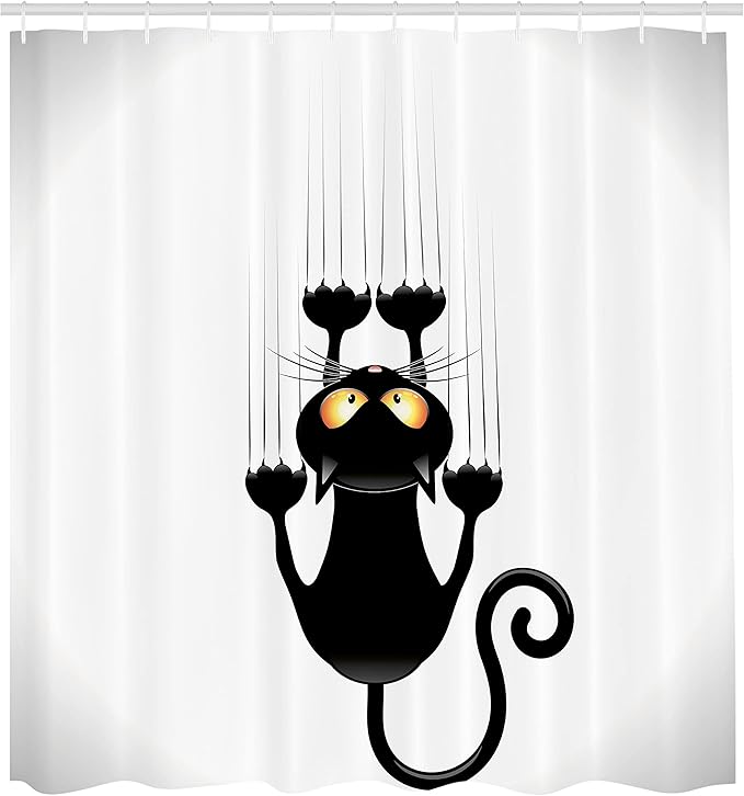 Ambesonne Funny Shower Curtain, Naughty Cat Scratching The Wall with His Paws Grumpy Feline Humorous Kitten Graphic, Cloth Fabric Bathroom Decor Set with Hooks, 69" W x 75" L, White and Black
