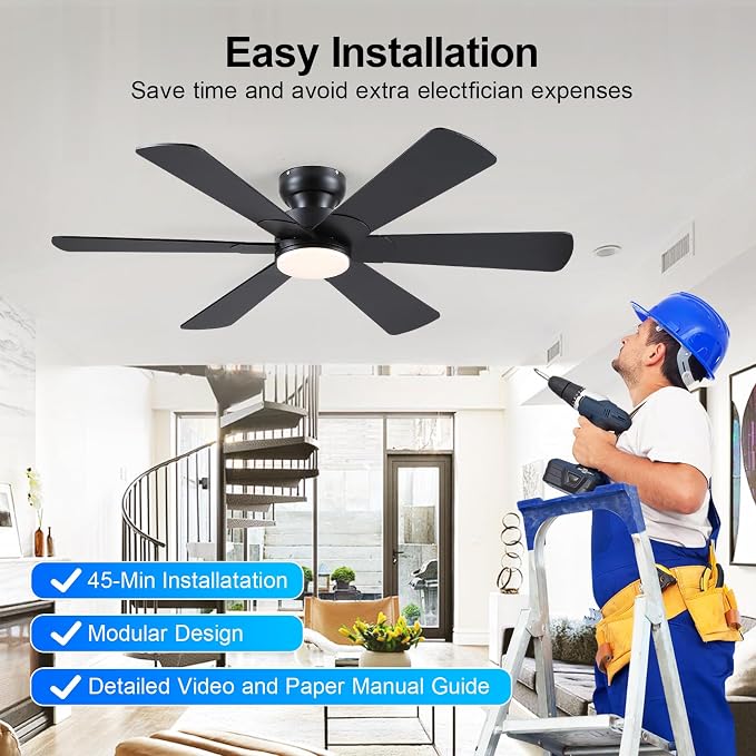 BayDay 52 inch Ceiling Fans with Lights, Black Ceiling Fan with Remote APP, Dual-Sided Modern/Rustic 6 Blades, Reversible, 3CCT, Flush Mount Low Profile Ceiling Fan with Lights Bedroom Kitchen Indoor
