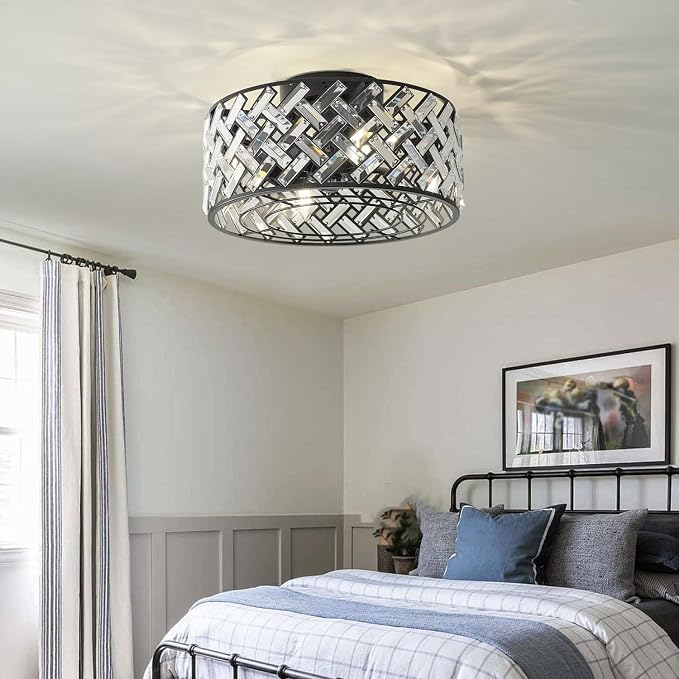 Black Small Bedroom Ceiling Fans with Lights and Remote 4-Light Crystal Black Farmhouse Flush Mount Fandeliers for Bedroom Quiet Fan Light Fixture, 18" Modern Chandelier with Fan 8 Blades