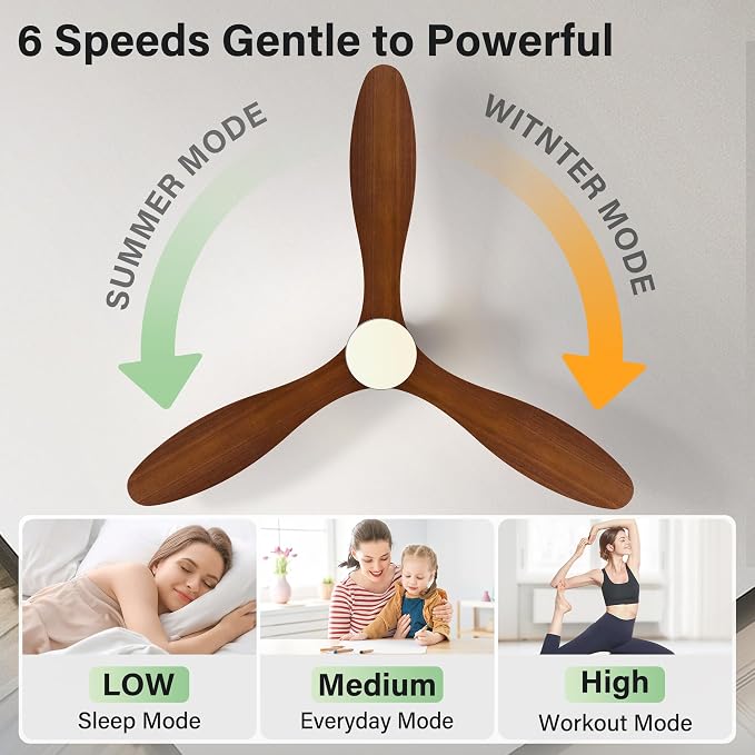 52" Wood Ceiling Fans with Lights Remote,Smart Control via Alexa APP,Quiet DC Motor,Flush Mount Ceiling Fan for Low Profile Living Room,Patio,Indoor Outdoor,Black&Walnut Brown,3 Blade,6 Speed,Dim LED