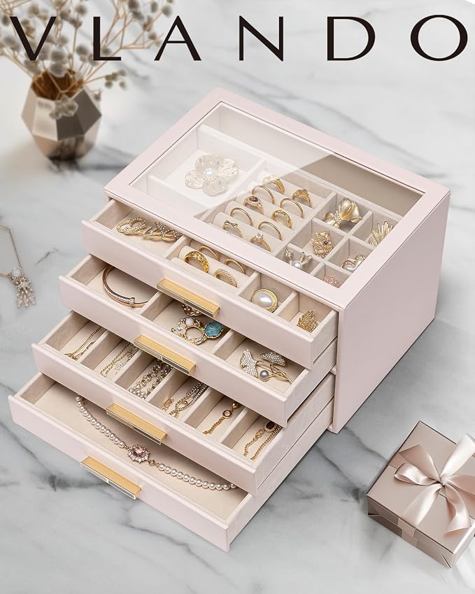VLANDO 4 Layer Jewelry Box for Women, Glass Lid Jewelry Organizer with 4 Drawers for Necklaces Rings Earrings Bracelets - Light Pink