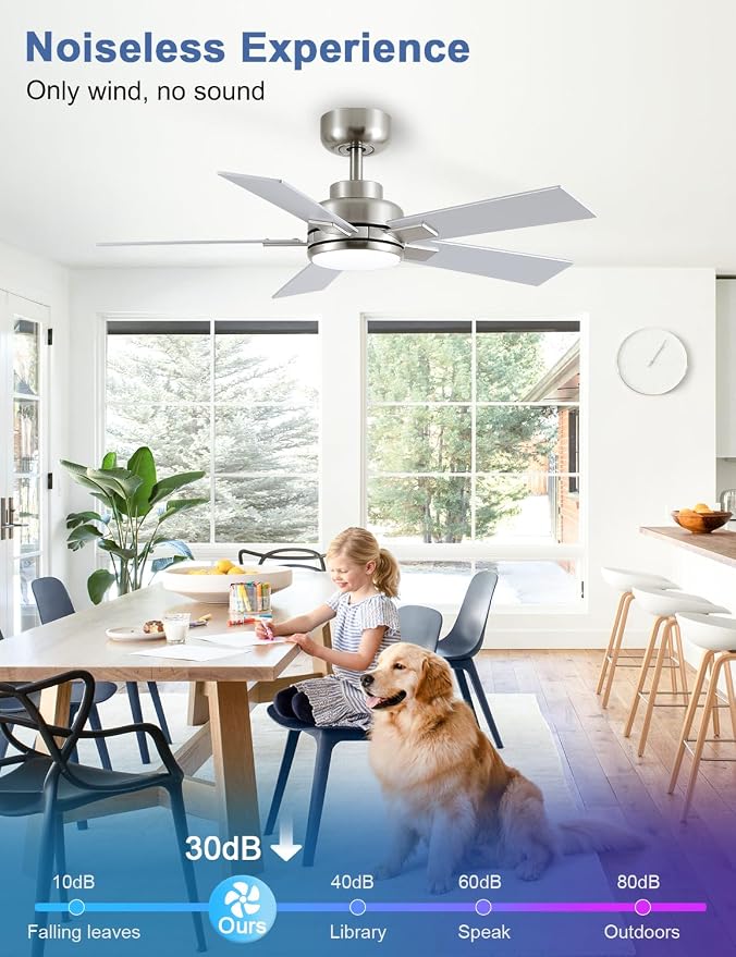 Modern Ceiling Fans with Lights - 42 inch Brushed Nickel Ceiling Fan with Light and Remote, Reversible DC Motor, 6-Speed Quiet 3CCT LED Dimmable for Bedroom, Indoor and Outdoor, Patios, ETL Listed